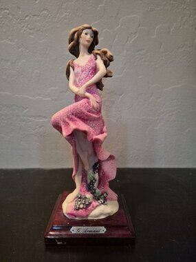 G. Armani Florence Italy 1987 Pink Dress Figurine With Grapes On Wooden Base
